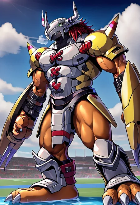 source_furry,
hi res,
(solo:1.2), male, full body,
Wargreymon, Digimon(creature), muscular, green eyes,
helmet, armor,
heavy breathing, fighting stance,
outdoor, detailed background,