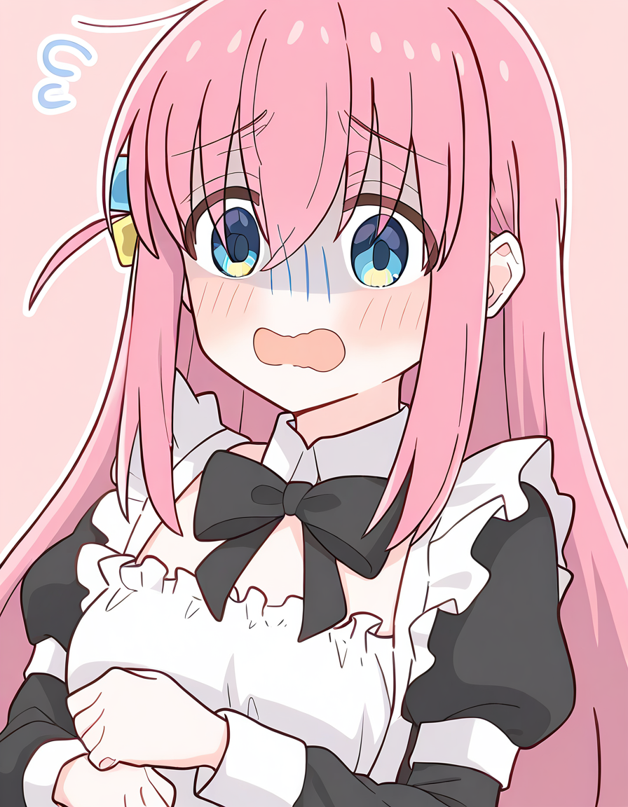 <lora:pcr-000008:1>,1girl,gotoh hitori,bocchi the rock!,flustered,awkward,maid,alternate costume,pastel colors,light pink background,, masterpiece, best quality, very aesthetic, absurdres,newest, incredibly absurdres,