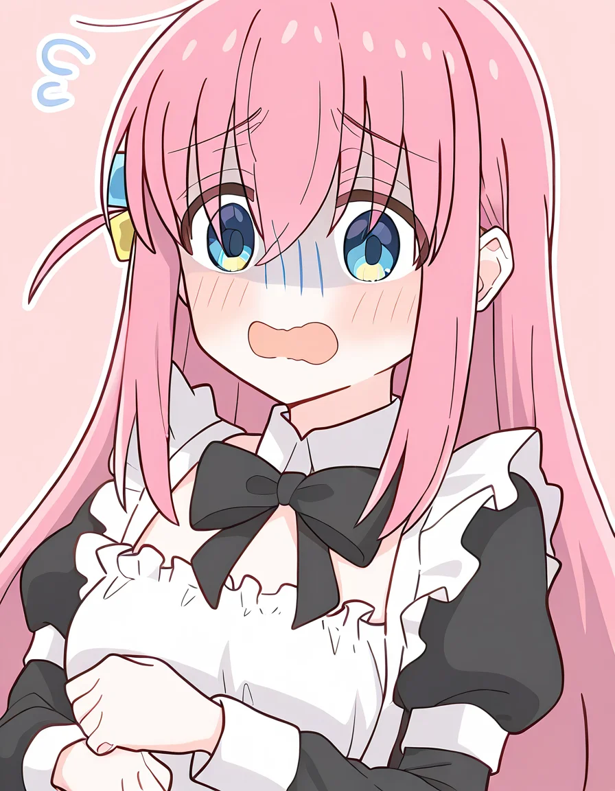 <lora:pcr-000008:1>,1girl,gotoh hitori,bocchi the rock!,flustered,awkward,maid,alternate costume,pastel colors,light pink background,, masterpiece, best quality, very aesthetic, absurdres,newest, incredibly absurdres,