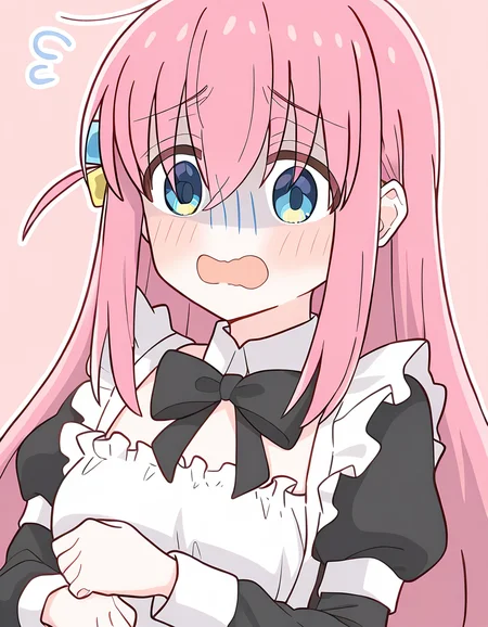 <lora:pcr-000008:1>,1girl,gotoh hitori,bocchi the rock!,flustered,awkward,maid,alternate costume,pastel colors,light pink background,, masterpiece, best quality, very aesthetic, absurdres,newest, incredibly absurdres,