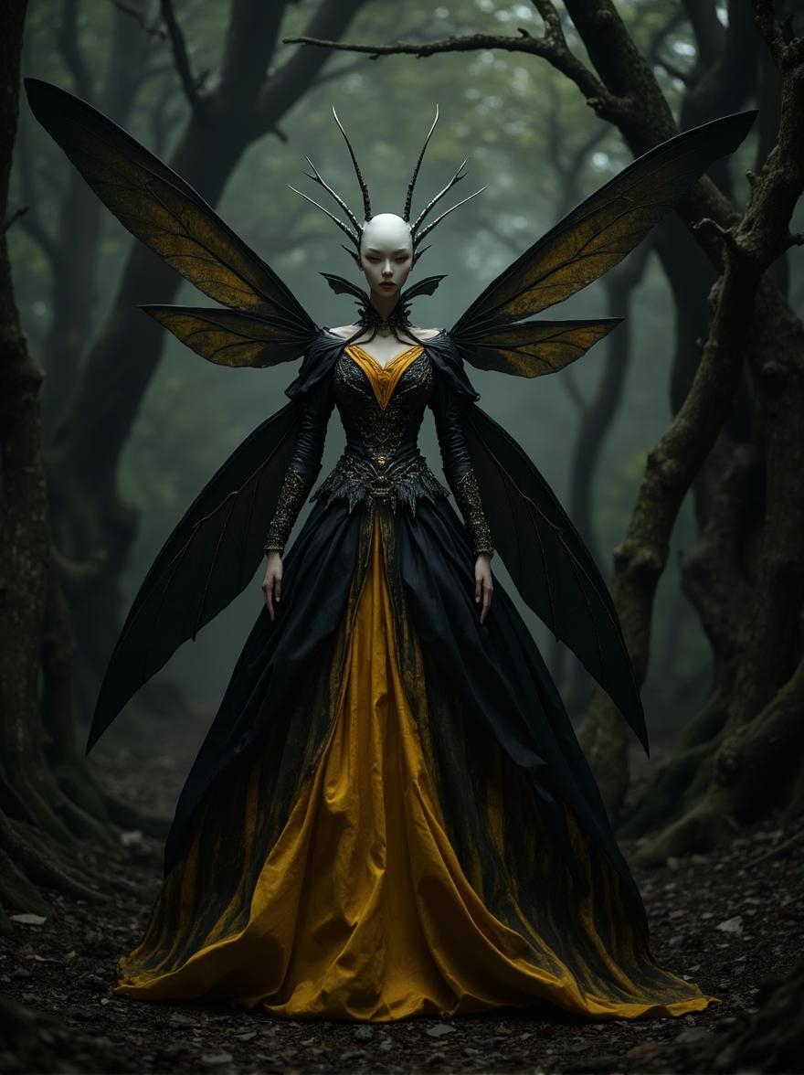 <lora:Dark_Fantasy_Anime-000021.safetensors:1>
A regal, insect-like figure stands in a mystical forest, surrounded by twisted dark trees. Its smooth head is adorned with antennae, and it wears an elaborate gown that combines black and yellow hues. The garment's folds resemble delicate insect wings, while sharp, angular wings protrude from its back, exuding power and mystique. The overall composition is a masterful blend of fantasy and style, inviting the viewer to ponder the story behind this enigmatic being.