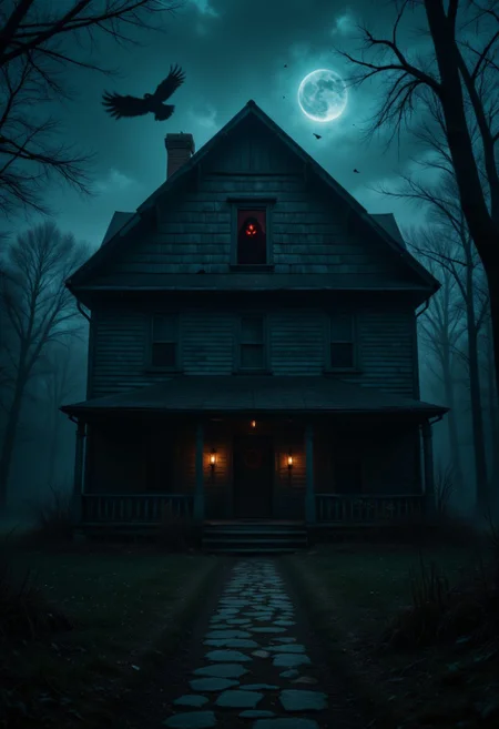 UHD scary Halloween movie still, creepy photograph, intricately detailed old dilapidated haunted house at night with specter with glowing red eyes looking out the attic window, haunted woods background, ravens flying, cinematic realism, intricately detailed filthy place, film grain, HD, 8k, volumetric lighting, clear, dark, dimly lit, cool colors , aidmaimageupgrader, zavy-drkcnmtc, deep shadows, cinematic darkness, underexposed, chiaroscuro, atmospheric haze, low-key lighting