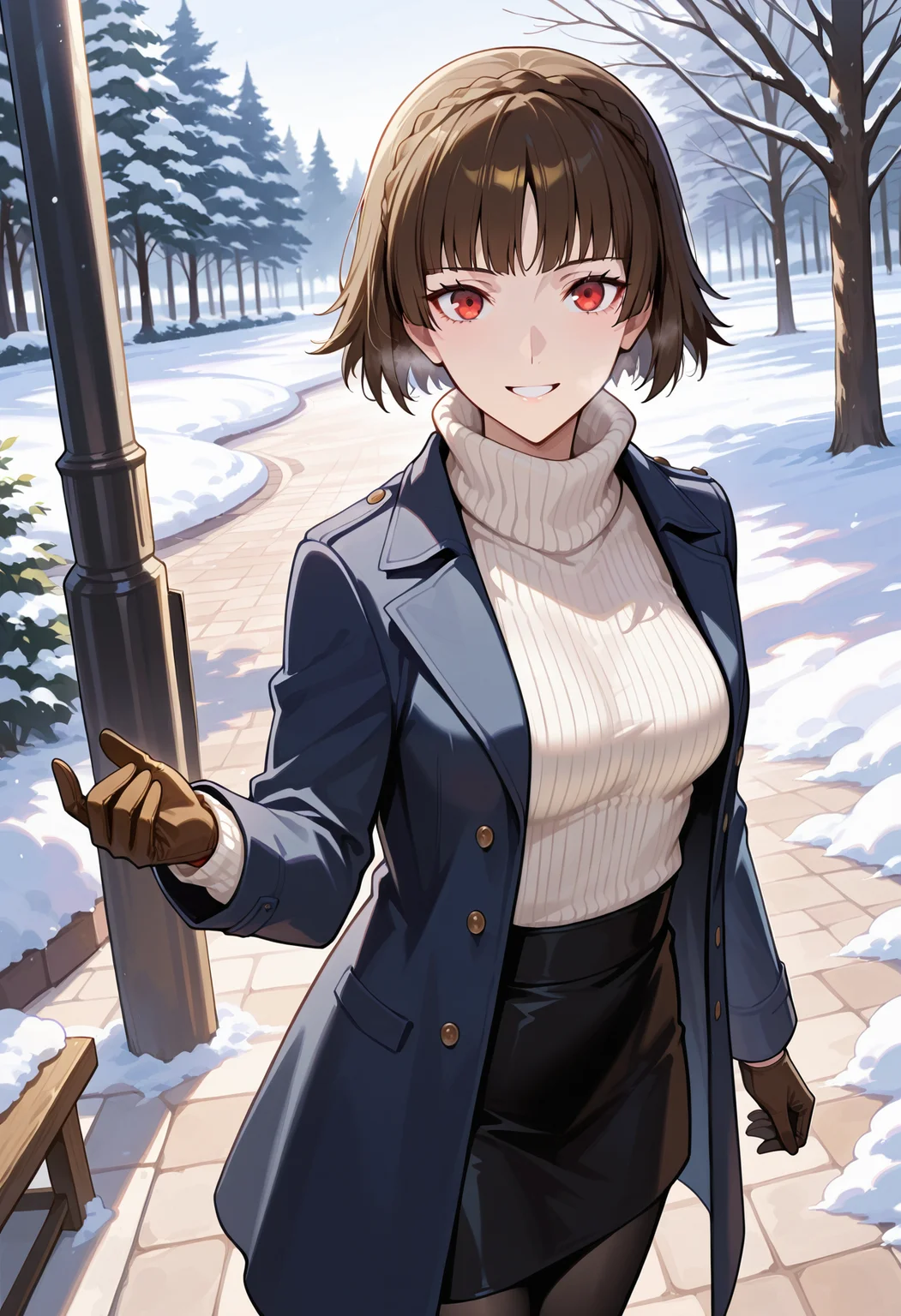 (masterwork, masterpiece, best quality, hyper-detailed :1.2)
1 girl, solo
p5makoto, niijima makoto, brown hair, blunt bangs, crown braid, red eyes,
p5makoto-wintercas2, white ribbed turtleneck, navy blue long coat, blue coat, open coat, black pantyhose, black pencil skirt, brown leather gloves, black chelsea boots
outside, park, trees, greenery, cold, snow, standing, smile, teeth, looking at viewer,