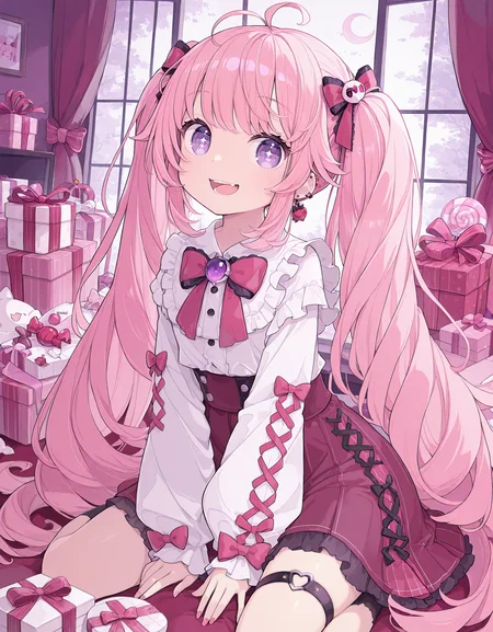 masterpiece, best quality, newest, highres, absurdres,<lora:Chon_style:1>,1girl, twintails, pink hair, solo, long hair, window, bow, purple eyes, candy, food, bangs, skirt, smile, very long hair, gift, open mouth, looking at viewer, long sleeves, ahoge
