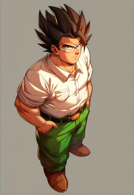score_7_up, score_8_up, score_9_up, cartoon, 1guy, solo, peter, fat, fat man, shirt, brown footwear, belt, green pants, white shirt, footwear, collared shirt, (perfect eyes), (looking at viewer), glasses, Windsor glasses, (round pupils), super saiyan, male focus, black eyes