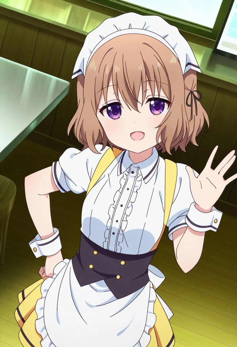 general,highres, ultra-detailed,very aesthetic,best quality ,best hands,best eyes,easynegative,
dynamic angle, dutch angle, anime cloring,anime screencap,
1girl solo,looking at viewer,Cafe,indoors, waving hand, hand on hip, smile, open mouth,
Mafuyu HOSHIKAWA,purple_eyes, brown_hair, short_hair, hair ribbon, black ribbon, small breasts, short body, petite,waitress costumes,