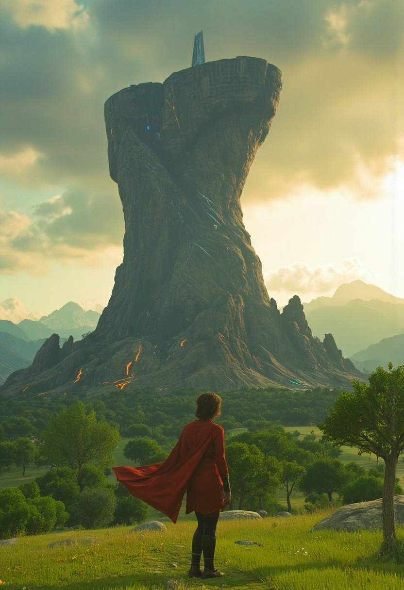 Color-grain Star Wars style summer scene of a Jedi warrior in a sleek, form-fitting red cloak, her billowing long hair flowing behind her as she stands before a colossal, ancient stone shrine that spirals skyward in a twisting, awe-inspiring design. The shrine, an architectural marvel of a long-lost civilization, combines a sleek and modern aesthetic with its towering, futuristic curves, adorned with glowing orange and blue light lines. Its polished surfaces glimmer with the remnants of advanced technology, contrasting its ancient origins. The structure rises endlessly into the sky, like an ancient spire piercing through the heavens. The shrine is set upon a lush green meadow, with vibrant, full-crowned trees surrounding it. In the background, the imposing peaks of distant mountains loom under a dense, volumetric cloud cover. Golden light from the setting sun filters through the clouds, casting dramatic, long shadows that enhance the futuristic and mystical atmosphere. A subtle film grain adds a cinematic texture, while a shallow depth of field gives the scene an epic, high-budget cinemascope feel, emphasizing the majestic scale and mystery of the ancient yet highly advanced shrine.