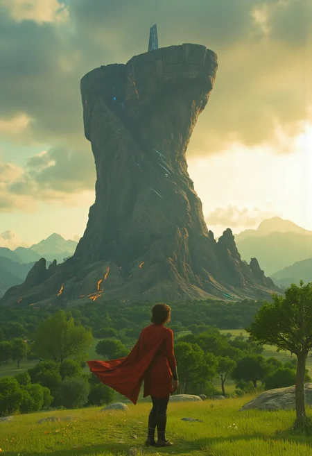 Color-grain Star Wars style summer scene of a Jedi warrior in a sleek, form-fitting red cloak, her billowing long hair flowing behind her as she stands before a colossal, ancient stone shrine that spirals skyward in a twisting, awe-inspiring design. The shrine, an architectural marvel of a long-lost civilization, combines a sleek and modern aesthetic with its towering, futuristic curves, adorned with glowing orange and blue light lines. Its polished surfaces glimmer with the remnants of advanced technology, contrasting its ancient origins. The structure rises endlessly into the sky, like an ancient spire piercing through the heavens. The shrine is set upon a lush green meadow, with vibrant, full-crowned trees surrounding it. In the background, the imposing peaks of distant mountains loom under a dense, volumetric cloud cover. Golden light from the setting sun filters through the clouds, casting dramatic, long shadows that enhance the futuristic and mystical atmosphere. A subtle film grain adds a cinematic texture, while a shallow depth of field gives the scene an epic, high-budget cinemascope feel, emphasizing the majestic scale and mystery of the ancient yet highly advanced shrine.