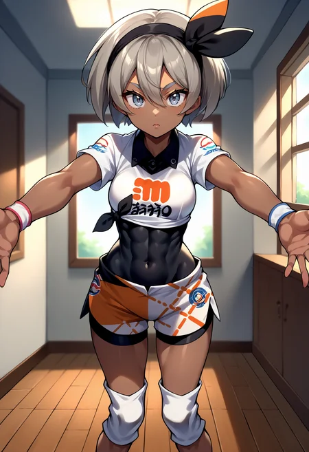 score_9, score_8_up,score_7_up, source_anime, rating_safe, 1girl, solo, <lora:EPpkBea:1>,OutfitGL, short hair, grey hair, dark-skinned female, dark skin, hair between eyes, grey eyes, bodysuit under clothes, black bodysuit, tied shirt, print shirt, print shorts, crop top, wristband, bow hairband, short sleeves, collared shirt, side slit shorts, covered navel, covered abs, knee pads, white footwear, indoors, standing, outstretched arms, incoming hug, pov