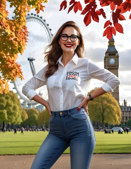 In a bustling London park, under the warm glow of early afternoon sunlight filtering through vibrant autumn leaves, stands EMM4S - a woman in her mid-thirties with a captivating smile that accentuates her perfectly aligned teeth. She wears stylish black-framed eyeglasses and her lips are painted a bold, cherry red. The English text emblazoned across her white shirt reads \"Keep Calm and Carry On.\" Her pose is casual yet confident, hands tucked into the pockets of her high-waisted denim jeans, as she directly engages the viewer with a friendly, inviting gaze, her head slightly tilted to one side. The background shows the cityscape beyond the park, with the iconic London Eye and Big Ben subtly visible in the distance.