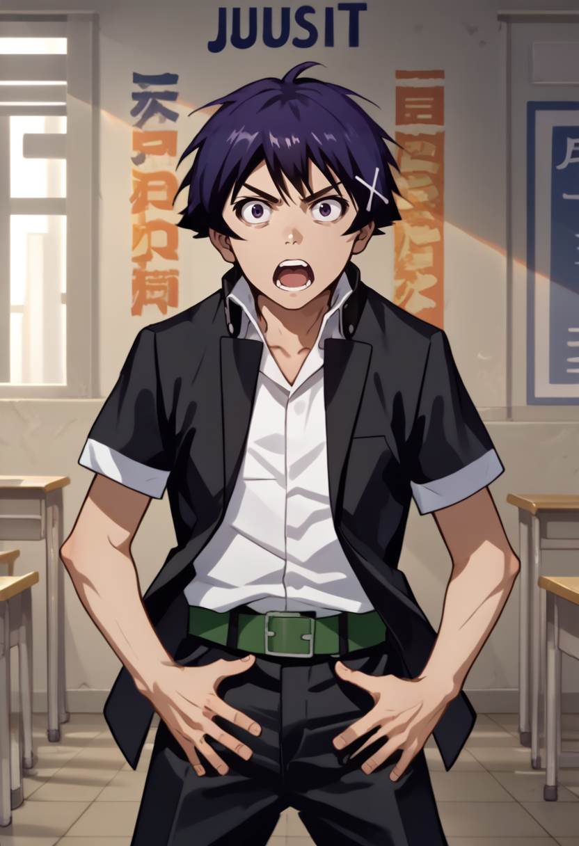 score_9, score_8_up, score_7_up, source_anime, 1boy, solo, JustDoItMeme, open mouth, looking at viewer, parody, <lora:JustDoIt_XLPD:1>, <lora:ichijou_raku_1:0.8> Ichijou Raku, school uniform, collared shirt, belt, black pants, black jacket, school uniform, collared shirt, belt, black pants, short sleeves