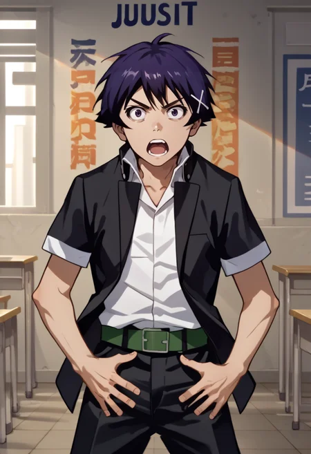 score_9, score_8_up, score_7_up, source_anime, 1boy, solo, JustDoItMeme, open mouth, looking at viewer, parody, <lora:JustDoIt_XLPD:1>, <lora:ichijou_raku_1:0.8> Ichijou Raku, school uniform, collared shirt, belt, black pants, black jacket, school uniform, collared shirt, belt, black pants, short sleeves