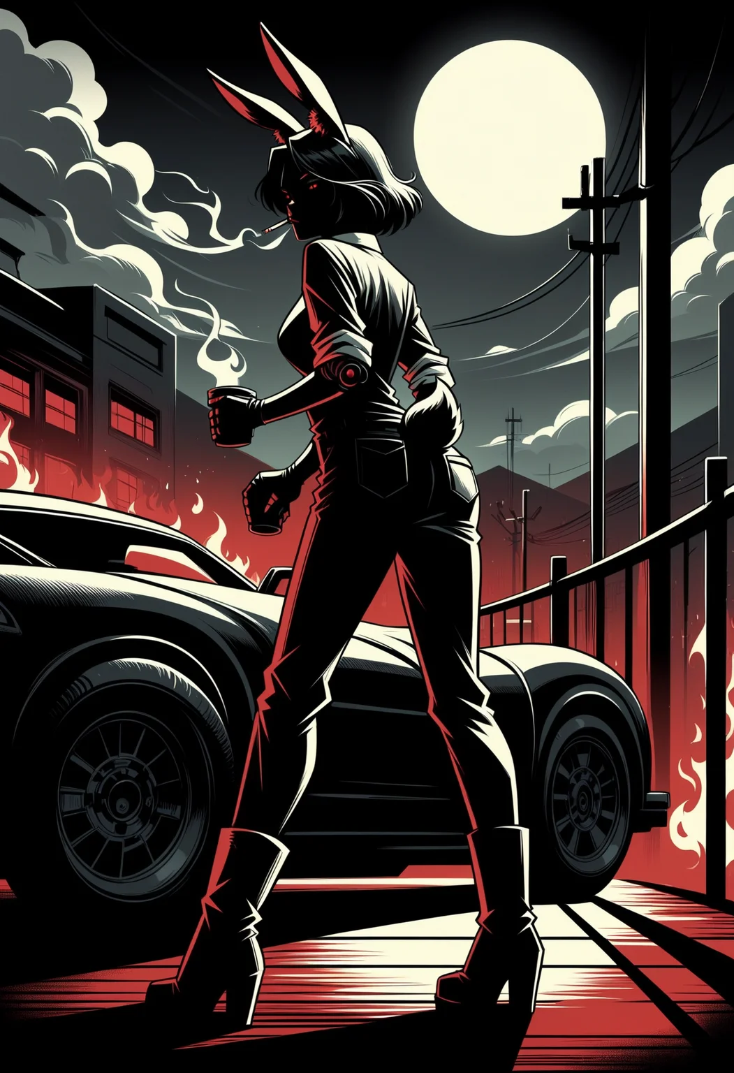 score_9, score_8_up,score_7_up, <lora:lnrnr_pdxl_EliPot_r1:1>, high contrast, shadow, red theme, limited palette, full moon,
,detailed_background,outdoors,black sclera,joints,glowing,holding drink,sidelocks,holding,medium breasts,black shirt,green fire,outdoors,full body,breasts,smoking,science fiction,hand up,leaning on object,holding lighter,gloves,from behind,holding cup,pants,black pants,absurdres,drink,standing,heel up,smoke,looking at viewer,leaning forward,colored sclera,cup,robot joints,car,black hair,rabbit girl,ass,spindle \(aidenr0\),tail,1girl,shirt,black gloves,lighter,android,steam,black footwear,rabbit ears,fold-over boots,rabbit tail,pocket,lamppost,looking back,short hair,mouth hold,cloud,open mouth,animal ear fluff,motor vehicle,red eyes,highres,cigarette,cloudy sky,female focus,underlighting,short tail,fire,night,railing,rain,sky,lighting cigarette,partially fingerless gloves,solo,sleeves rolled up