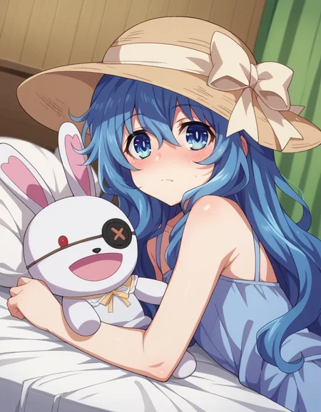 score_9, score_8_up, score_7_up, source_anime,
dalyoshino, <lora:dal-yoshino-s2-ponyxl-lora-nochekaiser:1>,
yoshino casual, long hair, hat, dress, ribbon, blue hair, blue eyes, eyepatch, stuffed toy, sun hat, straw hat, stuffed bunny, puppet, hand puppet,
indoors, bed, bed room, on side, blush, drunk,
looking at viewer, cowboy shot, dutch angle,