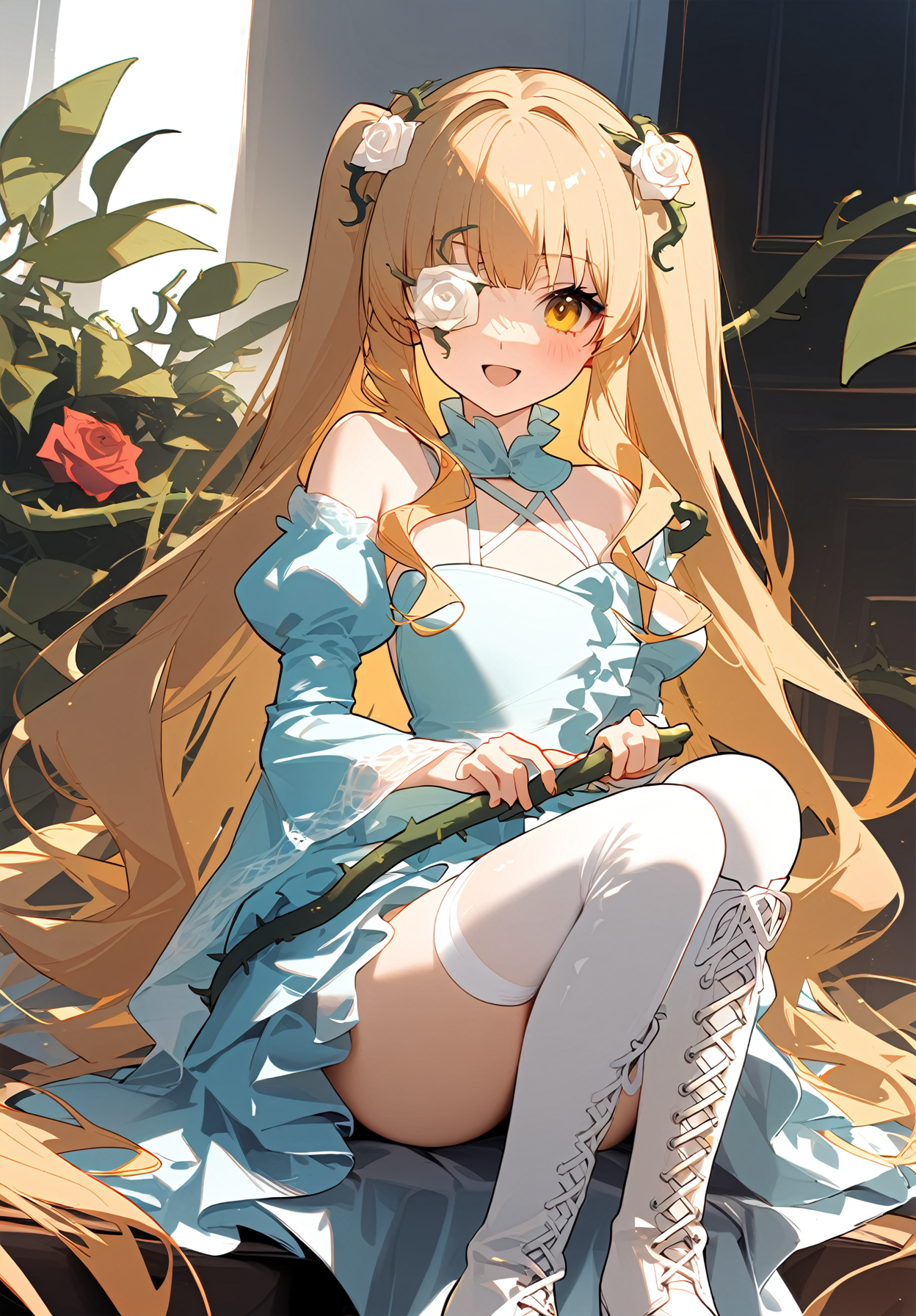 1girl, 
kirakishou,  
dress, rose, yellow eyes, blonde hair, eyepatch, very long hair, knee boots, thorns, smile, open mouth, blush, vines, flower, wavy hair, bare shoulders, flower over eye, thigh boots, looking at viewer, :d, holding, detached sleeves, boots, white footwear, thighhighs, sitting, long hair, cross-laced footwear, plant, hair ornament, lace-up boots, white thighhighs, solo, 
masterpiece, newest, absurdres, safe
 <lora:a31_style_koni:1> <lora:2080ti_ag31_kirakishou-000055:1>