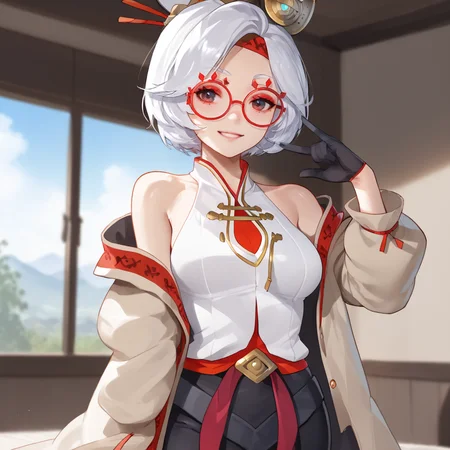 <lora:purah_pony_v1:1>purah, 1girl, glasses, white hair, black gloves, medium breasts, red-framed eyewear, hair ornament, off shoulder, sleeveless shirt, hair stick, jacket, bare shoulders, short hair, headband, cowboy shot