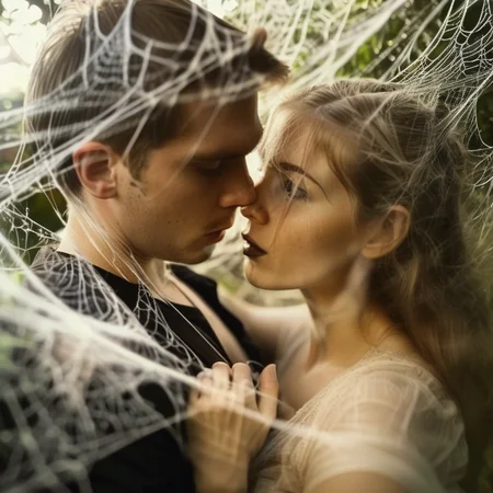 spiderweb close up lovers in a garden, entwined in a spider's web, cinematic, photorealistic very detailed, professional photo <lora:spiderweb:1>