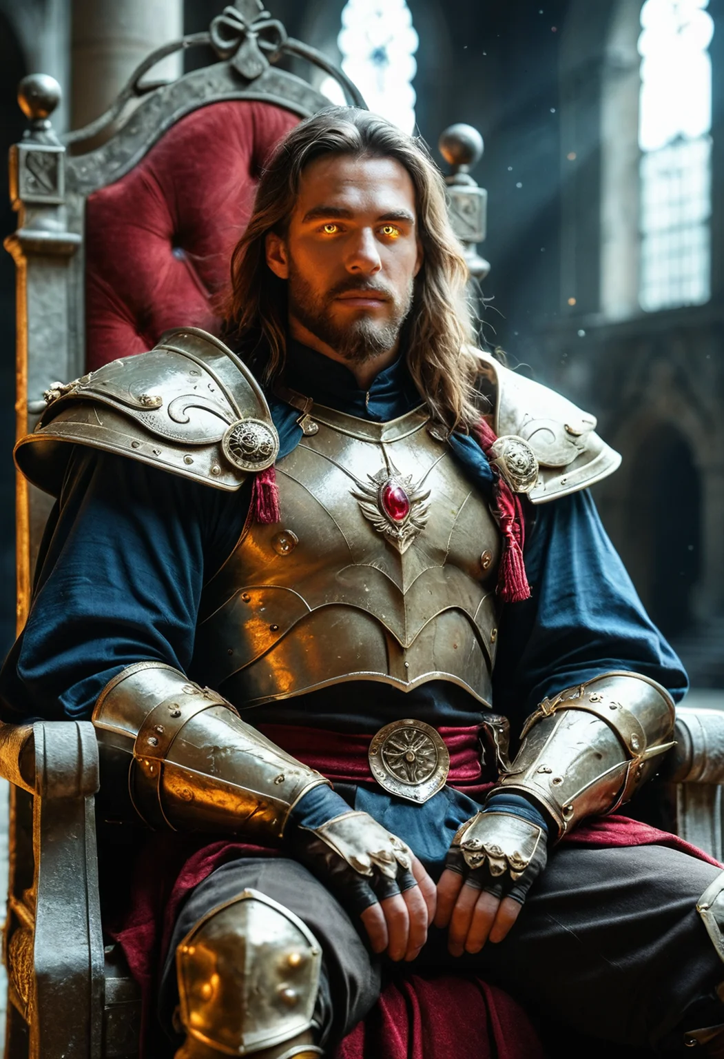 cinematic film still score_9, score_8_up, score_7_up, male, long beard, sit, throne, epic, glow eyes, epic armor, dynamic ange, low light, DSLR photo, best quality, 85mm lens, shallow depth of field, highly detailed, cinematic composition . shallow depth of field, vignette, highly detailed, bokeh, cinemascope, moody, epic, gorgeous, film grain, grainy