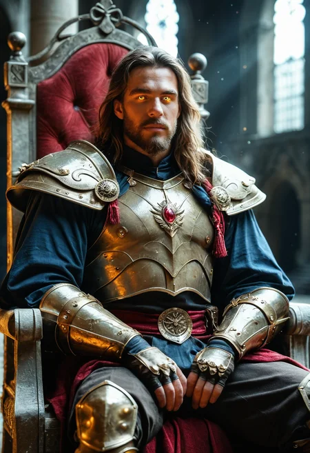 cinematic film still score_9, score_8_up, score_7_up, male, long beard, sit, throne, epic, glow eyes, epic armor, dynamic ange, low light, DSLR photo, best quality, 85mm lens, shallow depth of field, highly detailed, cinematic composition . shallow depth of field, vignette, highly detailed, bokeh, cinemascope, moody, epic, gorgeous, film grain, grainy