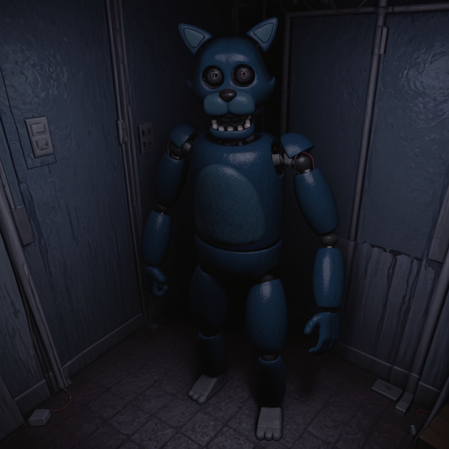 2d, solo, Oldcandy, animatronic, humanoid robot, dark blue body, gray feet, cat ears, animal ears, feline, joints, black nose, mechanical eyes,

BREAK full body, standing, horror (theme), dark environment, indoors, looking at viewer 

BREAK best quality, amazing quality, very aesthetic, absurdres, newest