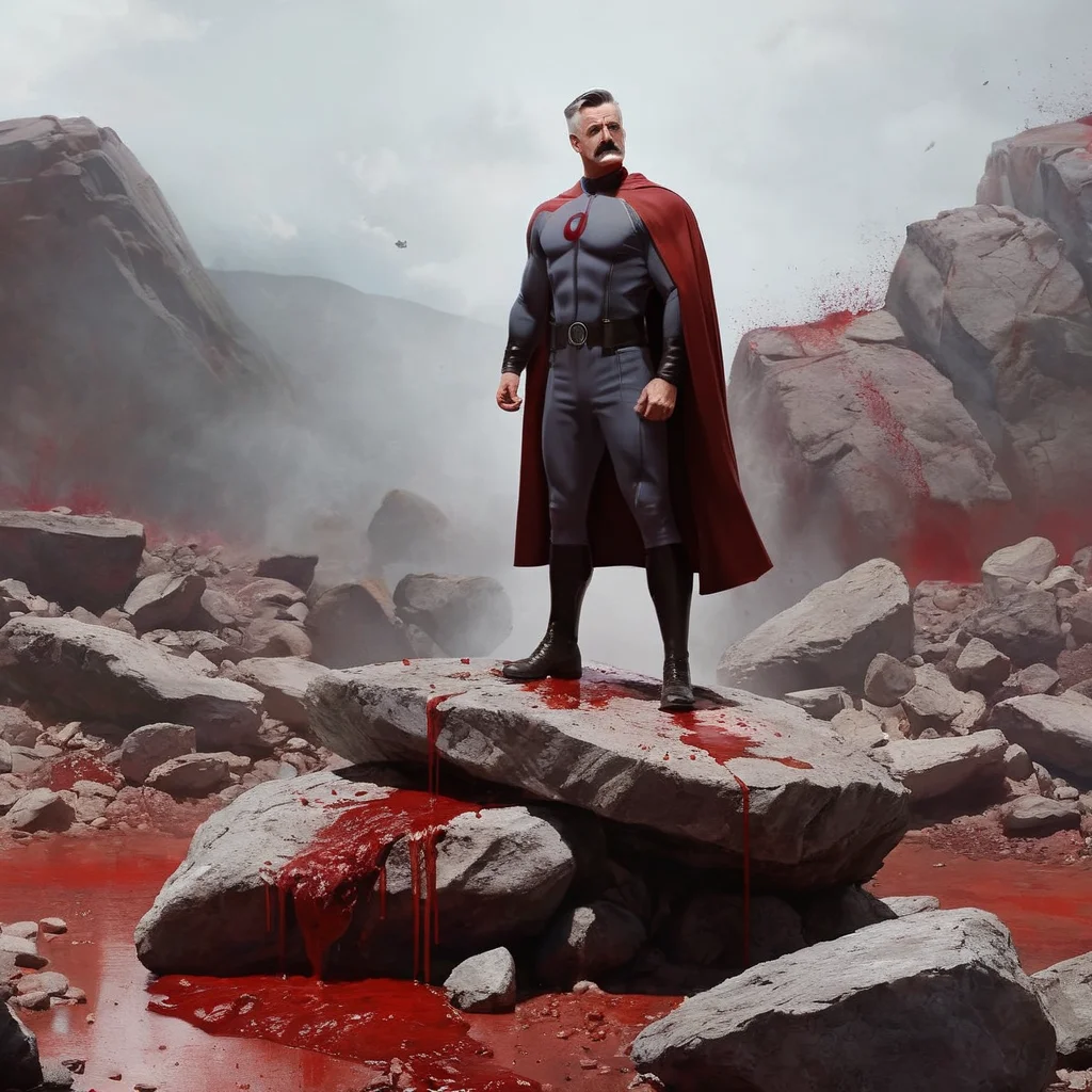concept art of <lora:J. Jonah Jameson:1>
J. Jonah Jameson a man with a mustache standing on top of a rock a brutally beaten man in a blood - soaked scene, digital artwork, illustrative, painterly, matte painting, highly detailed