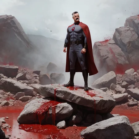 concept art of <lora:J. Jonah Jameson:1>
J. Jonah Jameson a man with a mustache standing on top of a rock a brutally beaten man in a blood - soaked scene, digital artwork, illustrative, painterly, matte painting, highly detailed