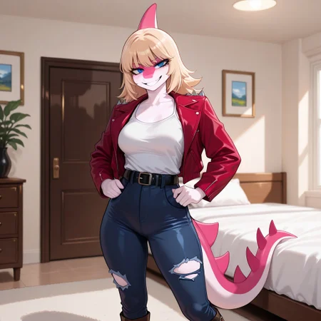 1girl, highres, absurdres, newest, masterpiece, best quality, furry, furry_female, Mia_iwhtg, parasaurolophus girl, white skin, pink head crest, two-tone face, black eyeliner, blonde hair, short hair, pink snout, snout, tail, pink tail spikes, pink tail, two-tone tail, blue eyes, anthro, 1girl, red jacket, white tank top, black belt, ripped blue jeans, brown boots, detailed eyes, (standing:1.1), grinning, smirking, luxurious detailed room, bright room, day scene, professional lighting, white bed, solo, bedroom, smiling, seductive, looking_at_viewer, masterpiece, close up, safe