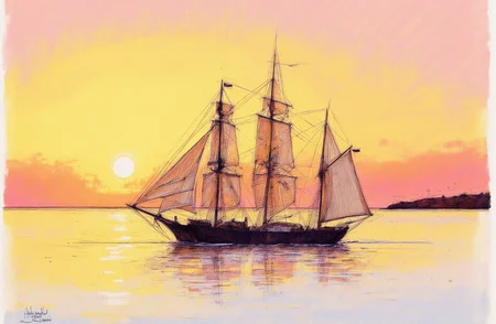 Sharp image of a rough sketch, rendered in vibrant multi colour ballpoint pen, capturing the adorable features of a portait of a sailing ship in the ocean at sunset. The ship is a tall ship with multiple masts and sails, and it appears to be sailing on the water. The sky is a beautiful orange and pink color, with the sun setting in the background. The sun is partially visible on the left side of the image, casting a warm glow over the horizon. The water is calm and still, reflecting the colors of the sky. In the foreground, there is a small island visible in the distance. The image is taken from a distance, and the ship is silhouetted against the sky, creating a sense of depth and perspective.  p3nsk, <lora:p3nsk:1>