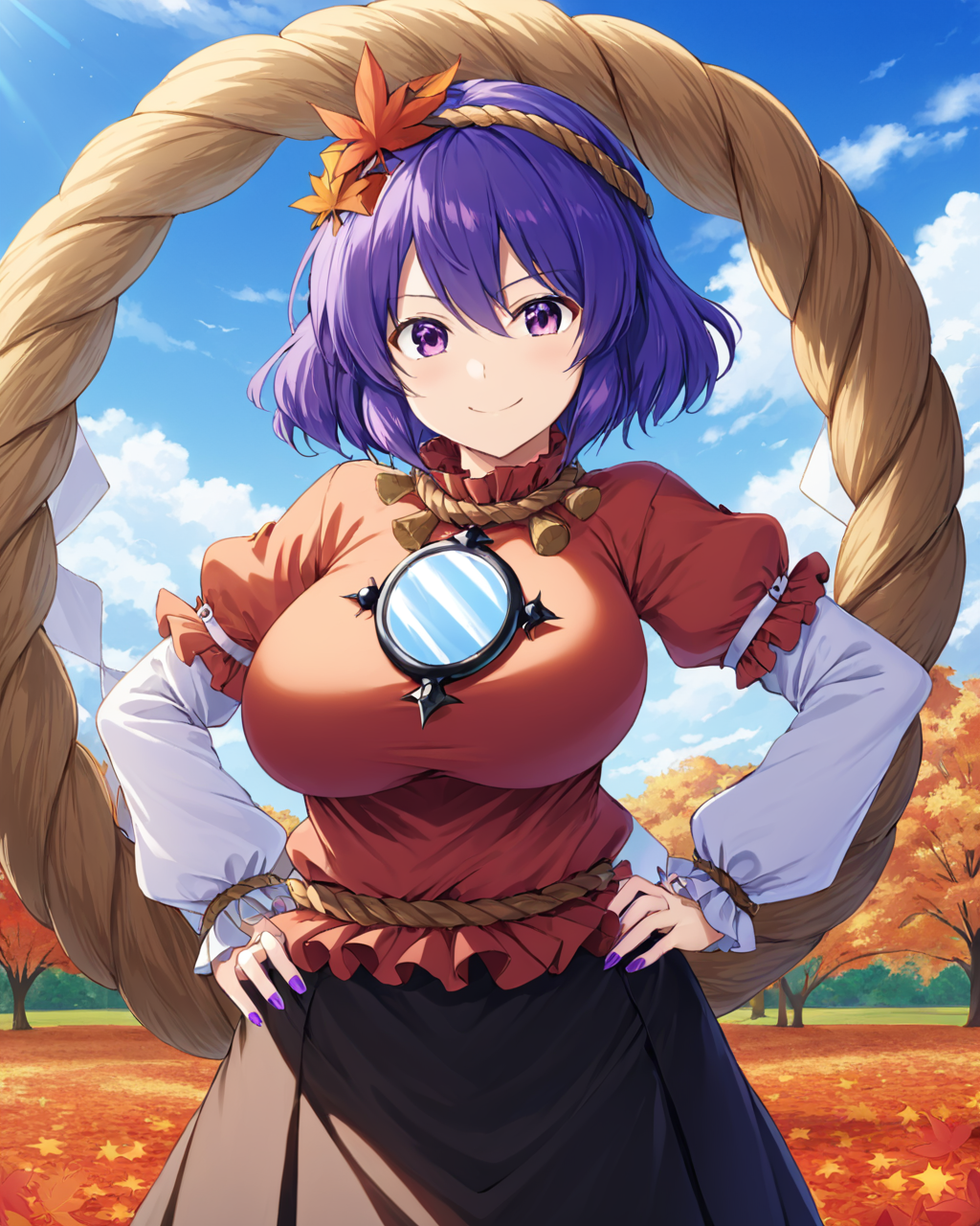 yasaka kanako,1girl, mirror, solo, red_shirt, autumn_leaves, hand_on_hip, leaf_hair_ornament, large_breasts, long_sleeves, black_skirt, smile, outdoors, purple_nails, looking_at_viewer, short_sleeves, shimenawa, day, blue_sky, puffy_sleeves
<lora:yasaka_kanako_image2545_2023-12-20-000010:1>,star-shaped_pupils,symbol-shaped_pupils,. gorgeous,key visual, vibrant, studio anime,award-winning, professional, highly detailed,high budget, cinemascope