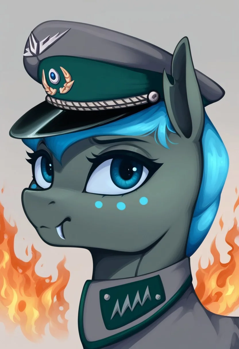 masterpiece, score_9_up, score_8_up, score_7_up, score_6_up, (best quality:1.1), ultra-detailed, high resolution, solo, Carolina Phymata, changeling oc, female, mlp, feral, gray skin, blue freckles, short blue mane, blue eyes, long eyelashes, eyebrows, blue insect wings, ears, fangs, cute expression, cute face, military uniform, military patches, peaked cap BREAK <lora:ElmoRiseMeme_pdxl_Incrs_v1:1> hooves up, fire, outstretched hooves, upper Body, burning, fiery background BREAK expressiveh, highly visible, sharp focus, anatomically correct, highly visible, sharp focus
