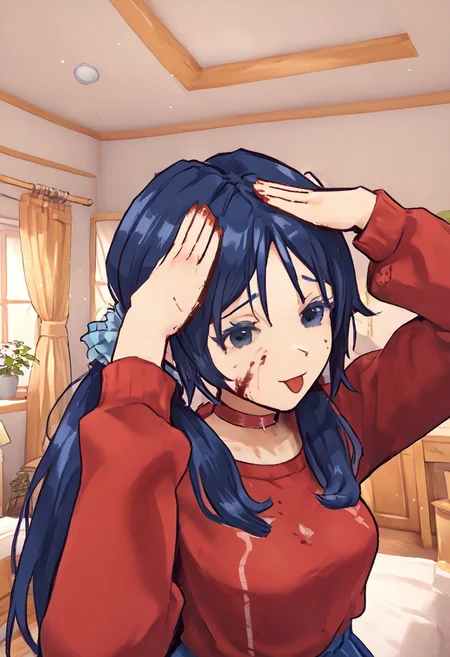 masterpiece, best quality, highres, best quality,
score_9, score_8_up, score_7_up, score_6_up, score_5_up, score_4_up, source_anime,
BREAK,
1girl, mita_evil, blue hair, long hair, twintails, scrunchie, sweater, pleated skirt, blue skirt, red thighhighs, bleh meme, hands on own head, upper body focus, blood stain on cheek, tongue out,
BREAK,
indoors, bedroom