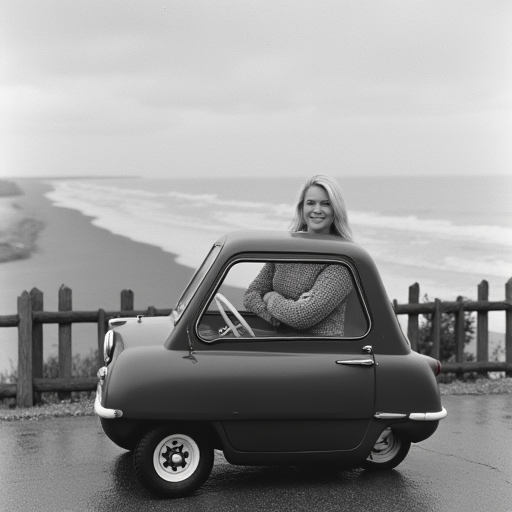 ocean, blonde hair, photo background, blurry, crossed arms, car, very small car, tree, fence, wheel, formal, monochrome