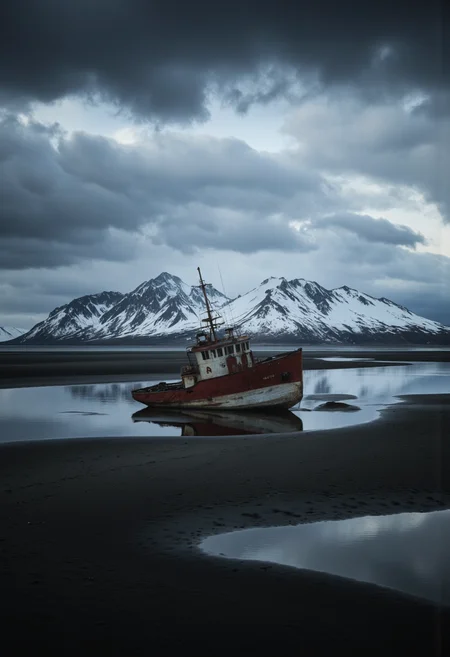 NyxBorne. A photo-realistic shoot from a bird's eye view about a shipwreck on a black beach with snow-capped mountains in the background. the image also shows a stormy sky with dark, ominous clouds looming overhead. on the middle of the image, a red and white shipwreck sits on the shore of the beach, partially submerged in the water. the ship appears to be old and weathered, with a few scratches and dents visible on its hull. the water is calm and reflects the surrounding mountains, creating a stark contrast between the dark sky and the bright, white snow-covered mountains. the overall mood is dramatic and moody, with the shipwreck standing out against the desolate landscape.