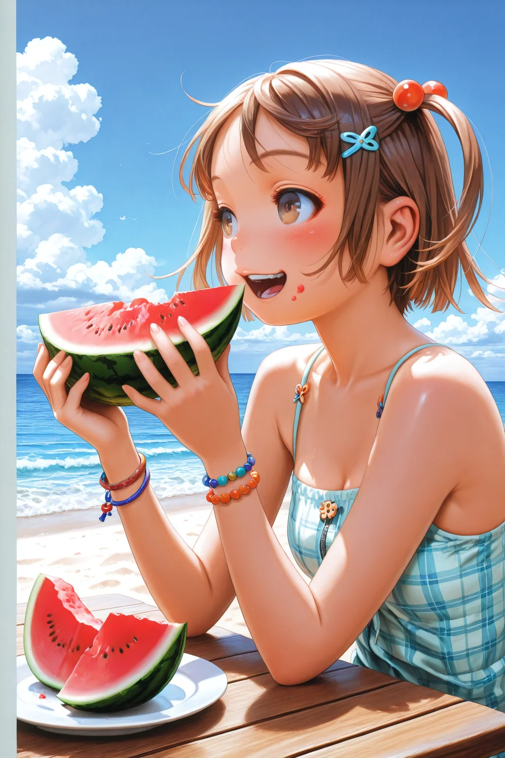 1girl,watermelon,food,hair ornament,fruit,solo,brown hair,eating,hairclip,day,hair bobbles,food on face,short hair,plate,sky,outdoors,bracelet,brown eyes,open mouth,cloud,holding,ocean,jewelry,holding food,blue sky,plaid,table,beach,two side up,bare shoulders,water,smile,blush,sleeveless,summer,sitting,camisole,traditional media,
<lora:Range Murata_illustriousXL:1.2>,