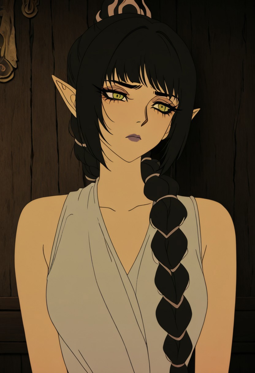 masterpiece, best quality, newest, absurdres, highres,  vintage anime, 90s anime, DevManV1.0-IL, 1girl, shadowheart \(baldur's gate\), long braid, elf, pointy ears, black hair, braid, side bangs,