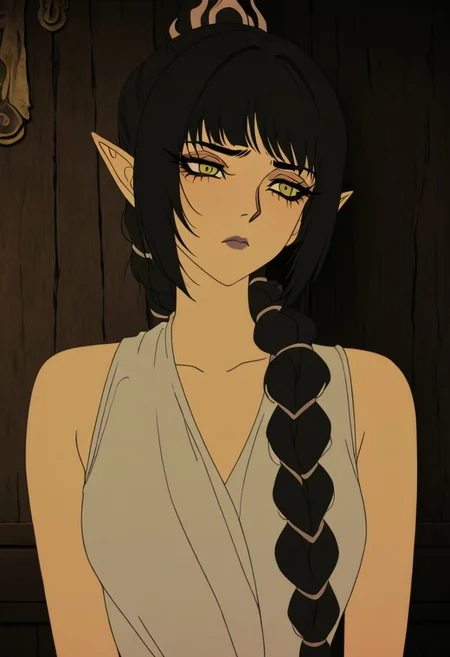 masterpiece, best quality, newest, absurdres, highres, vintage anime, 90s anime, DevManV1.0-IL, 1girl, shadowheart \(baldur's gate\), long braid, elf, pointy ears, black hair, braid, side bangs,