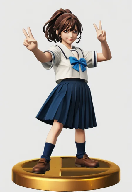 score_9, score_8_up, score_7_up, source_anime, 1girl, solo, smile
<lora:zs_SmashTrophiesXL:1> smashtrophies, faux figurine, 3d, full body, white background
<lora:rnakiho-pdxl-nvwls-v1:1> rnAkiho, brown hair, brown eyes, ponytail, white shirt, short sleeves, white sailor collar, blue bow, pleated skirt, looking at viewer, standing, V