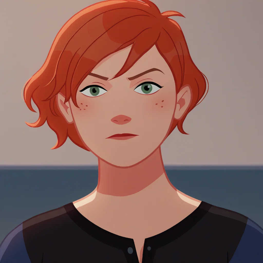 score_9_up, score_8_up, BREAK, IvyCS, 1girl, solo, red hair, short hair, freckles, raglan black shirt, short sleeves, <lora:Ivy_CarmenSandiego_PXL_Leaf1:1>, portrait, looking at viewer,
