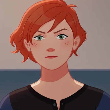 score_9_up, score_8_up, BREAK, IvyCS, 1girl, solo, red hair, short hair, freckles, raglan black shirt, short sleeves,  <lora:Ivy_CarmenSandiego_PXL_Leaf1:1>, portrait, looking at viewer,