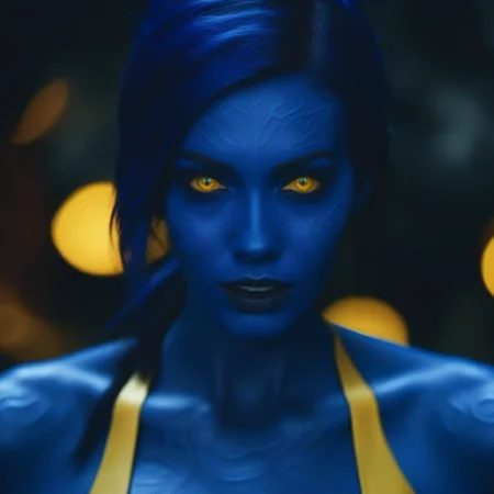 cinematic photo a portrait of  woman with blue skin, blue body paint, devil tail, yellow eyes <lora:NightCrawler1024:0.8> . 35mm photograph, film, bokeh, professional, 4k, highly detailed