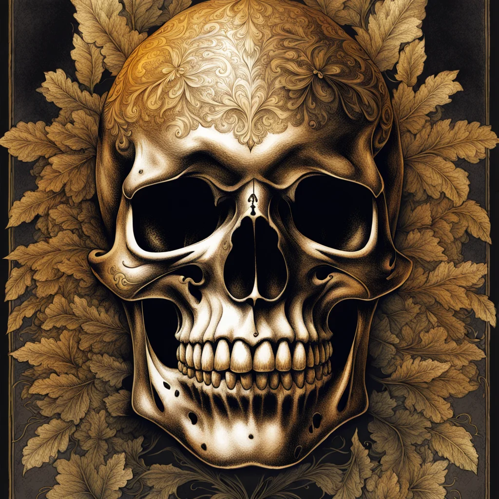 skull, close - up portrait, powerful, intricate, elegant, volumetric lighting, digital painting, highly detailed, artstation, sharp focus, illustration, concept art, black ink pen, small gold leaf flake accents