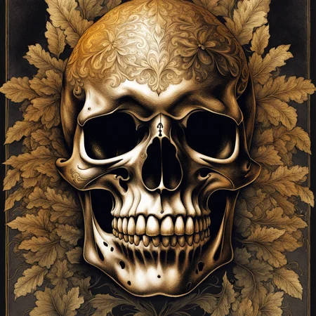 skull, close - up portrait, powerful, intricate, elegant, volumetric lighting, digital painting, highly detailed, artstation, sharp focus, illustration, concept art, black ink pen, small gold leaf flake accents