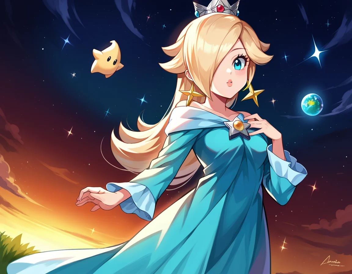 score_9, score_8_up, score_7_up, source_anime,
rosalina, <lora:princess-rosalina-ponyxl-lora-nochekaiser:1>,
rosalina, blonde hair, blue eyes, hair over one eye, long hair,
blue dress, crown, dress, earrings, jewelry, princess, robe, star earrings,
outdoors, space, bent over,
looking at viewer, dutch angle, cowboy shot,