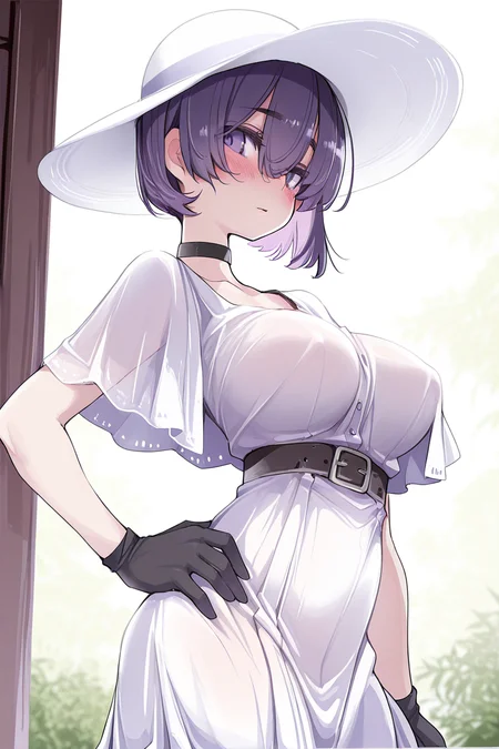 masterpiece, best quality, amazing quality,
 <lora:TNSK_IL:1> tnsk, 1girl, gloves, solo, breasts, hat, dress, large breasts, white headwear, purple eyes, white dress, sun hat, choker, black gloves, blush, short hair, belt, hand on hip, from below