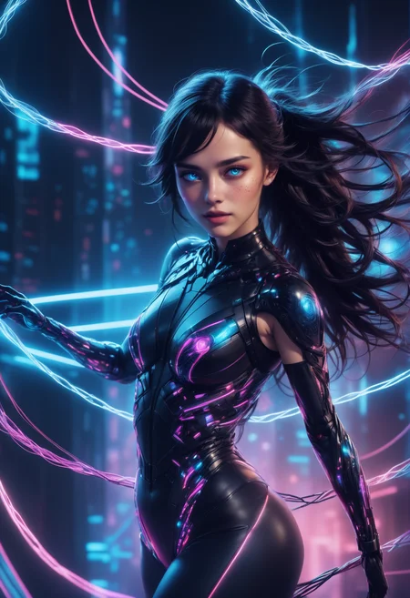 masterpiece, high quality, anime style, 2d, running, heijzel is a cyborg made of Jed-CyFut<lora:CyberFuturisticStyle:0.7> , black choker,medium teardrop breasts,, Heijzel <lora:HeijzelSDXL-000005:0.95>,, Heijzel is a cyborg, created to arouse lust and desire in the other person, her body is well formed, her suit is connected to her body, cables protrude from her bodysuit to the technical devices in the background, the cables are charged with neon light and fill the woman with energy, many cables merge in the most harmonious way of caos in a symbiosis with the background, a sci-fi scenery created to captivate the viewer, Heijzel is pure seduction, <lora:SDXLFaeTastic2400:0.4>,, She storms towards the viewer, massive speed, focus on the face