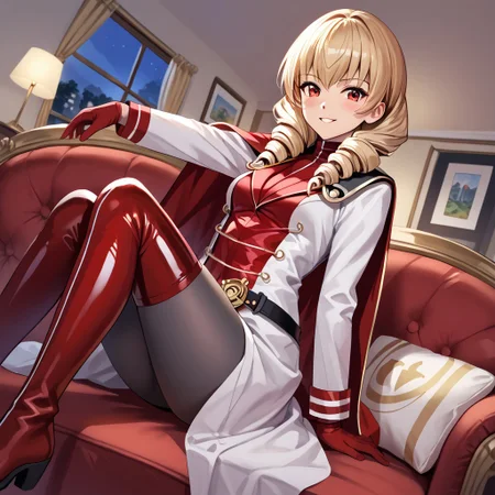 masterpiece, best quality, score_9, score_8_up, score_7_up, full body, 1 girl, looking at viewer, cowboy shot, dutch angle, indoors, sitting on couch, living room, night, blush, smile, erika_wagner, aged_down, slim, blonde_hair, red_eyes, drill_hair, twin_drills, red latex cape, latex military_uniform, belt, white latex coat, grey latex pantyhose, red thigh high latex boots, flat boots, red latex gloves