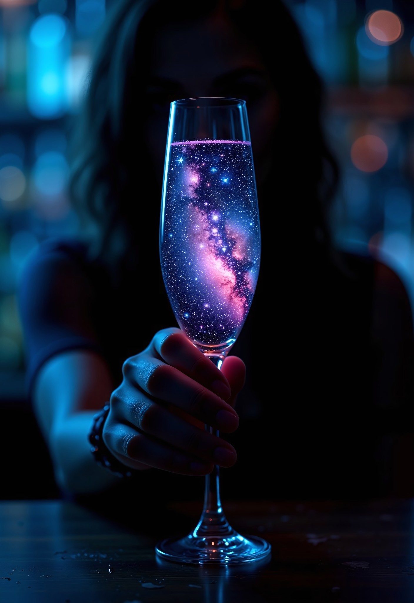aidmaimageupgrader, they glow at night, a high quality digital image of a highly detailed dank old bar, the bar is dark and grimy with lots of shadows, we see a woman mostly hidden by shadow holding up a champagne flute for inspection,  the glass contains an intricately detailed universe, within the universe we see a variety of stars, nebulae and galactic dust detailed in bright and vivid colours, the universe has a slight liquid appearance