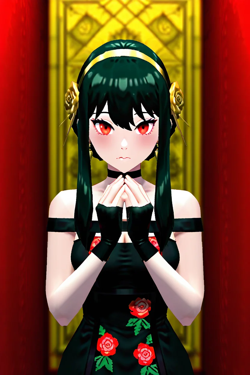 BREAK, Yor Briar, Yor Forger, 1girl, black hair, red eyes, short hair with long locks, gold hairband, hair flower, black choker, black dress, sleeveless, off shoulder, floral print, fingerless gloves, ,<lora:N64ZeldaStyleIXL:1.0>,