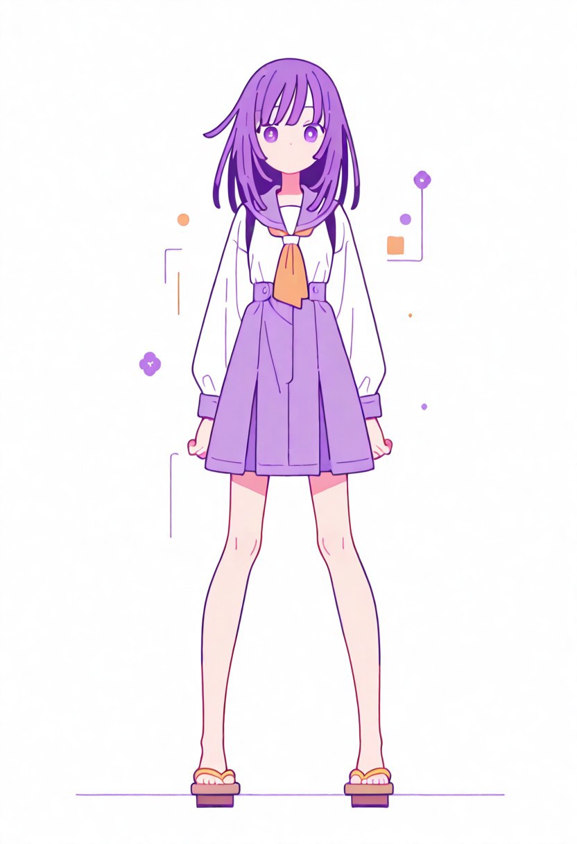 Flatline, Flat vector illustration, looking at viewer, full_body, 
nadeko, long hair, long bangs, school_uniform, sailor, 
slim, slender, knees, beautiful legs, barefoot, geta wooden sandals, 
from front, front view, straight-on, look at viewer, standing, (legs apart:1.4), 
white background,