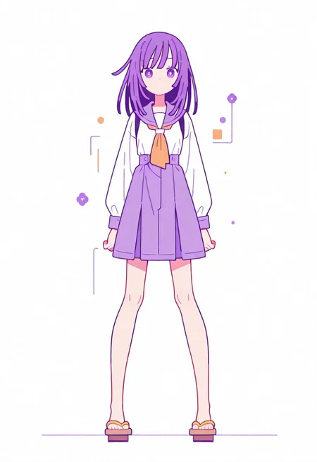 Flatline, Flat vector illustration, looking at viewer, full_body,
nadeko, long hair, long bangs, school_uniform, sailor,
slim, slender, knees, beautiful legs, barefoot, geta wooden sandals,
from front, front view, straight-on, look at viewer, standing, (legs apart:1.4),
white background,
